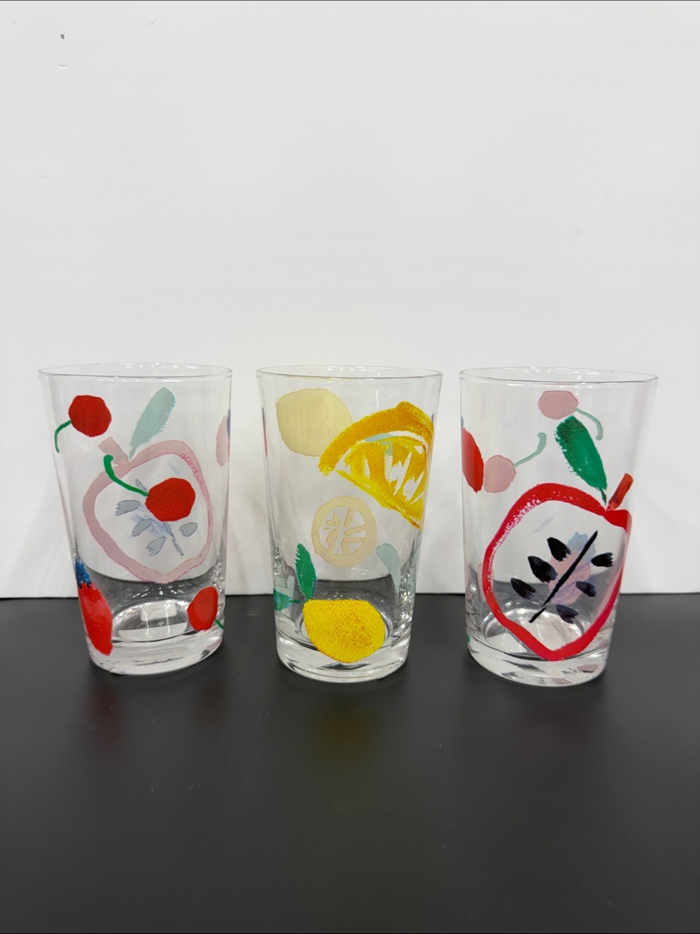 Set Of 3 Kate Spade Lenox Hi-ball Apple Cherry And Lemon Fruit Glasses